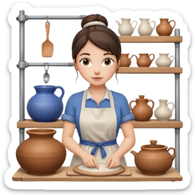 Brunette girl with bun, behind pottery wheel sticker