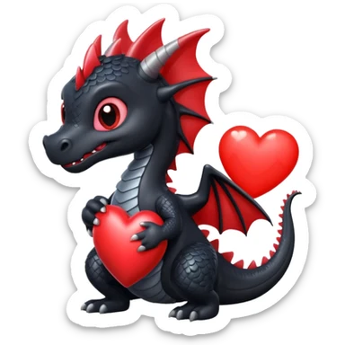 Cute black dragon holding a red heart sticker