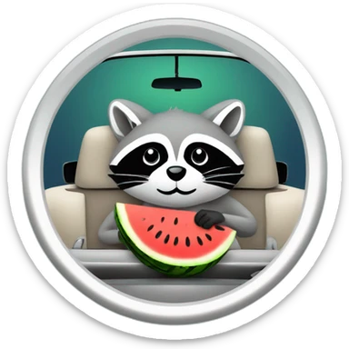 A raccoon with a watermelon behind the wheel of a car and a spanner sticker