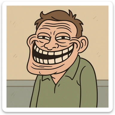 troll face cartoon style, exaggerated grin, high contrast sticker