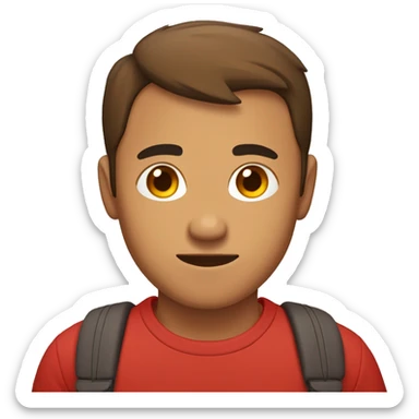 man with brownish (filipino) skintone in red tshirt with small owl on his right shoulder sticker