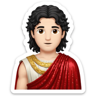 Adonis, God of Beauty from Roman Deities with long black wavy hair, red sequin toga sticker