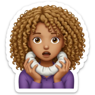 a kinda light brownskin girl with curly hair emoji strangling themselves / crashing out sticker