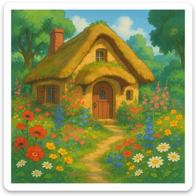 a small cottage with a thatched roof surrounded by flowers, ghibli style sticker