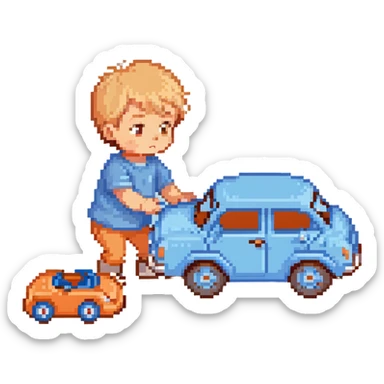 cute toddler boy with pastel blue clothes playing with a blue toy car sticker