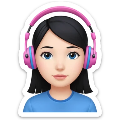 girl with black  hair, blue shirt and pink headset sticker