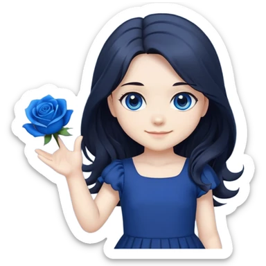 chibi girl with long dark hair, blue rose in hair, blue eyes, black dress, friendly smile, waving sticker