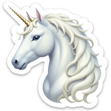 Beautiful and Majestic White Unicorn Portrait Emoji, Head and body exuding serene brilliance with a luminous, flowing mane and a gracefully spiraled horn, eyes gently closed in peaceful reverie, Simplified yet exquisitely enchanting features, highly detailed, glowing with a soft, celestial light, high shine, serene and utterly majestic, stylized with an air of timeless fantasy, soft glowing outline, capturing the essence of a beautiful and majestic white unicorn that embodies the pure magic of legend! sticker