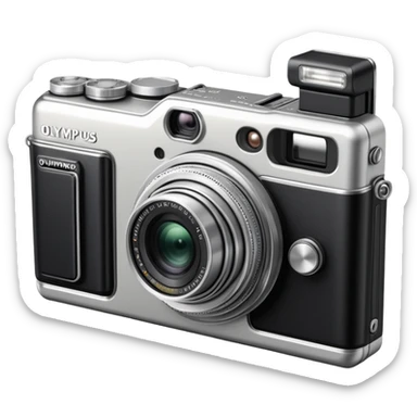 Olympus Superzoom 70G camera, vintage compact point and shoot camera with extendable lens, rectangular body, viewfinder, and flash sticker