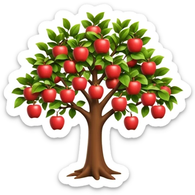 A 3D cartoon apple tree with red apples hanging from its branches, lush green leaves, bright daylight, Memoji-style realism. sticker