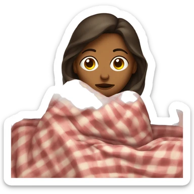 Brunette woman, laying in bed, wrapped in blankets, looking sick sticker