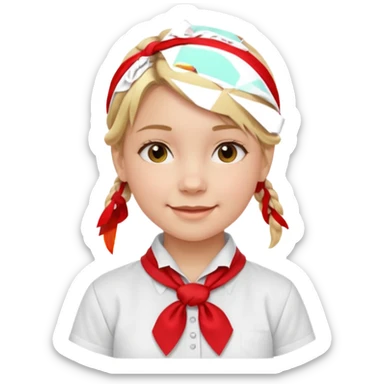 A Soviet pioneer girl emoji — smiling young girl with blonde hair tied into two short braids. She wears a white school shirt and a wide bright red pioneer neckerchief tied in a loose triangular knot at the chest (not a necktie) sticker