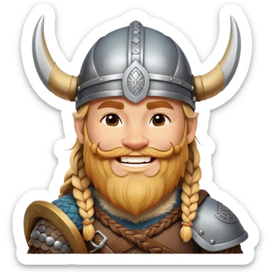 Clash of Clans aesthetic: Cinematic Cheerful Viking Portrait Emoji, With a bright, confident smile and a relaxed, adventurous stance, showcasing a stylized, spirited build with a classic Viking helmet and braided hair, his natural skin tone lending authenticity, Simplified yet expressive features, highly detailed, glowing with a soft, golden Nordic radiance, high shine, upbeat and courageous, stylized with an air of classic Viking heroism, soft glowing outline, capturing the essence of a cheerful Viking ready to embark on legendary quests! sticker