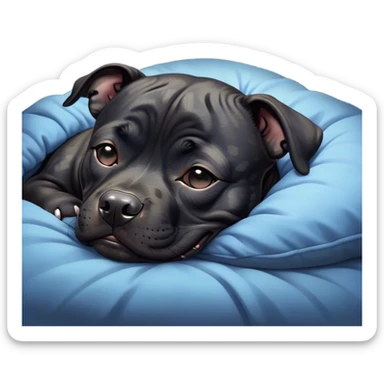Meme-Worthy Cute Sleeping Black/Brindle Staffordshire Bull Terrier Portrait Emoji, Head resting peacefully with a contented smile, showcasing a delightfully compact build and a luxuriously soft Fur with an attractive black and brindle blend, eyes shut in a serene nap, Simplified yet hilariously adorable features, highly detailed, glowing with a soft, drowsy light, high shine, relaxed and utterly lovable, stylized with an air of playful laziness, bright and heartwarming, soft glowing outline, capturing the essence of a comically sleepy guardian, so meme-worthy it feels like it could instantly become the next viral sensation of adorable slumber! sticker