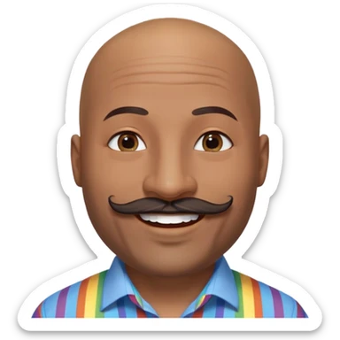 Oxumarê as a very happy and spontaneous smiling 37-year-old bald man with very dark skin, smooth oval head, indigenous facial features, mustache with circular beard only on chin, a round mole on the right side below the lip, wearing a blue striped dress shirt, with rainbow serpent, Memoji style sticker