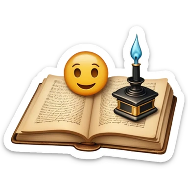 Create a vibrant emoji representing prose writing with an old-style, antique look. The design should include semi-turned pages of an old book with unfinished prose written on them. Add a vintage ink inkwell and a classic fountain pen or quill with black ink. The overall style should evoke a sense of timeless storytelling and literary craftsmanship. Make the background transparent. sticker