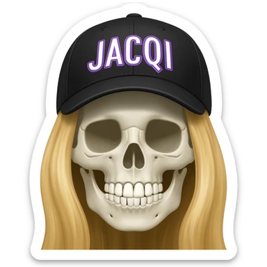 Create a skeleton head wearing a black baseball cap that says " JACQUI " in purple, and white lettering, with long blonde hair sticker