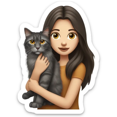 long straight haired blue eyed brunette woman holding norwegian forest cat with amber eyes sticker