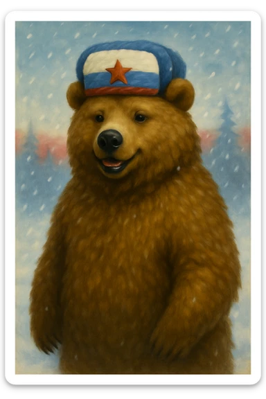 Add Russian flag colors (white, blue, red) to the bear's accessories or background, keeping the classic style and winter theme. Maintain the classic bear style with winter elements and incorporate the flag colors subtly in the accessories or background. sticker