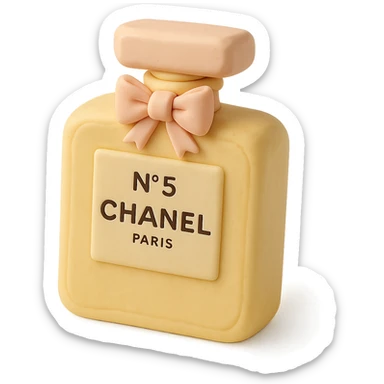 Chanel No. 5 bottle cake in fondant cake art style, pastel yellow and pink, delicate details sticker