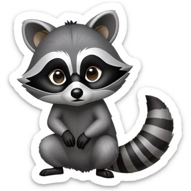 Cinematic-Raccoon-Realistic-hunched Full-Body on all fours-Emoji – Tail flicking lazily, head tilted dramatically, thick grey fur with a signature black mask, sharp and alert ears, simplified yet realistic focused features, highly detailed, glowing with an almost sarcastic glow. sticker