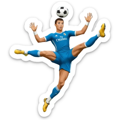 Ronaldo doing a bicycle kick with football in mid air While wearing a Retro blue Real madrid kit  sticker