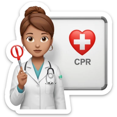 Teacher, female, brown hair up, holding a pointer to a white board with a CPR logo. sticker