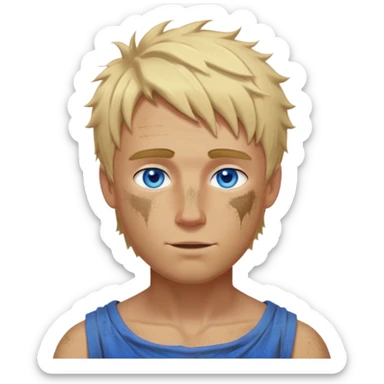 medieval summer look worn by a DnD themed fantasy character. bare upper body with a sun-kissed tan and some dirt marks. The character's haven't arms. character is blonde hair, blue eyes, short messy hair, white-skinned man. sticker