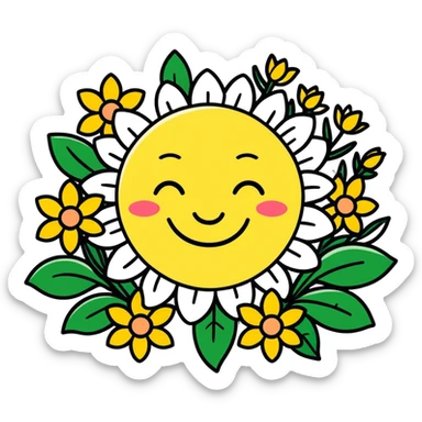 Spring flowers in garden with sun with inscription Good morning  sticker
