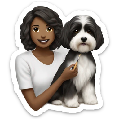 tan female artist painting black+white havanese on canvas sticker