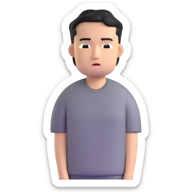 Asian man in a gray shirt with a frown sticker