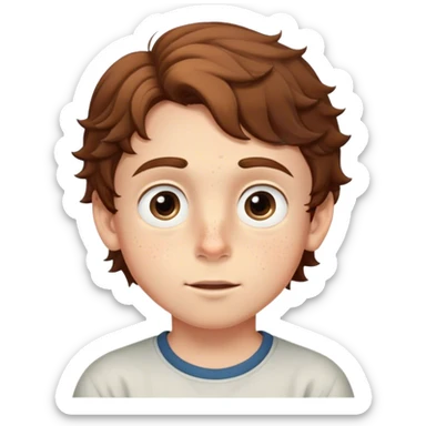 A young boy with wavy brown hair, large expressive eyes, and freckles across his cheeks. He has a curious and adventurous expression, with slightly raised eyebrows and a gentle smile, light skin sticker