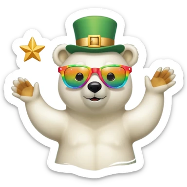 friendly anthropomorphised polar bear wearing oversized colorful star glasses and festive St. Patrick's Day outfit, swimming freestyle with joyful expression sticker