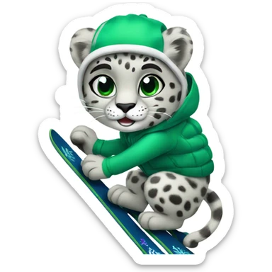 Snow leopard skiing green skis sticker