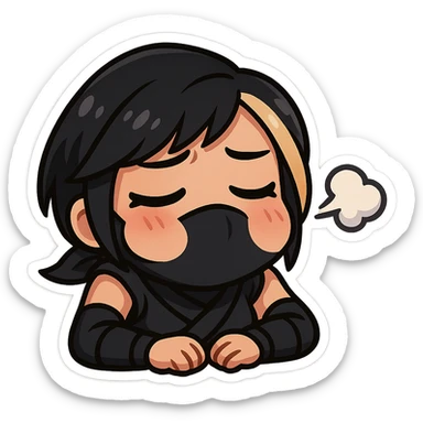 Sexy chibi ninja girl with black short hair and a blonde streak, only head and arms, colorful chibi style with bold outlines, transparent background, no mask, big sigh expression with puffed cheeks and a little sigh cloud, sized for Twitch emoji use. sticker