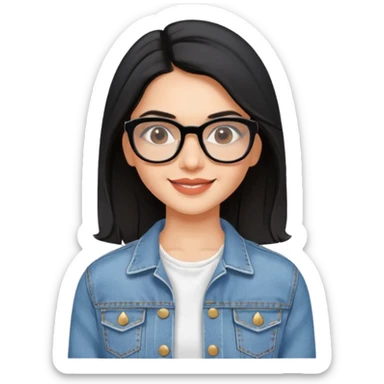 generate a pretty bratz emoji 
Make her wear a white dress with a denim jacket over it. black hair side part 

She should look exactly  like Deepika padukone. wearing rectangular spectacle sticker