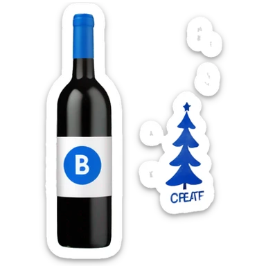 "Create an emoji of a white Boutique Connection wine box with blue illustrations and a bold 'B' logo, placed beside a vibrant green Christmas tree. Make it festive, modern, and minimalist, highlighting the box's artistic details and the tree's lushness." sticker