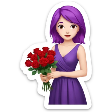 Faça uma mulher de cabelo roxo bem poderosa com vestido bem longo com umas rosas de buquê sticker