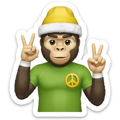 Gorilla wearing white sock hat with green tshirt that has a yellow hand doing the peace sign sticker