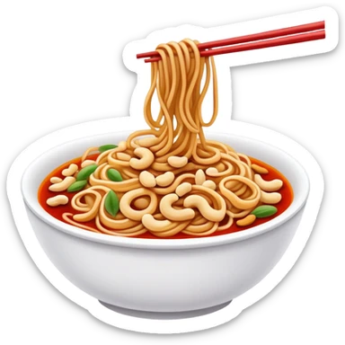 Chongqing Xiaomian spicy noodles with red oil and peanuts, simplified emoji style with bold outlines and bright colors, cartoon style Sichuan street food sticker