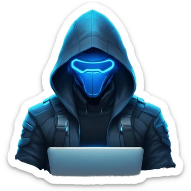 developer behind his laptop with this style : crysis Cyberpunk Riot Games Valorant neon glowing bright blue character blue black hooded assassin themed character sticker