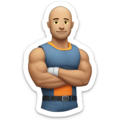 Bald muscular Man with a big round traffic sign in his hand which he uses as a shield sticker