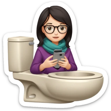 Fille châtain foncé avec lunettes. Elle porte une grosse écharpe. Elle est dans une cuvette de toilette. Téléphone en main. Realiste sticker