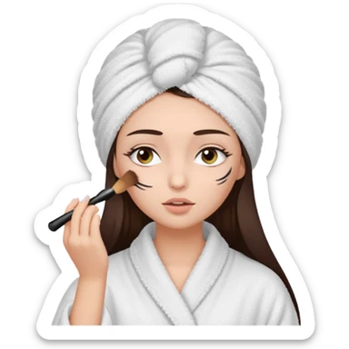 Girl with brown hair in white dressing gown and white towel wrapped in her head doing her makeup. Eyes closed white dark hair and towel wrapped differently doing mascara sticker