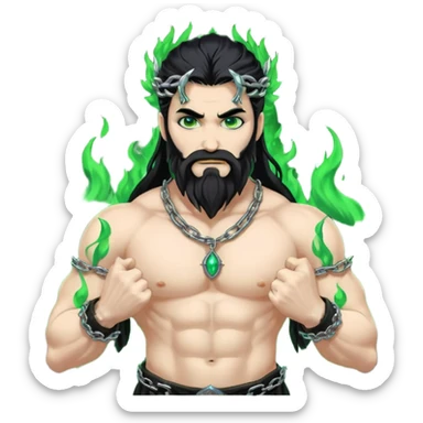hades greek god with green flames and beard with chains on his arms and neck, Long hair. Dynamic pose sticker