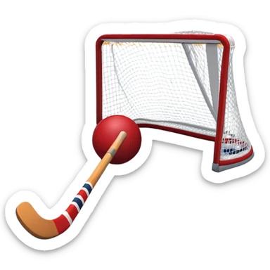 A red ball and hockey stick resting on an ice rink, with the goalposts and clear markings in the background. The scene captures the unique nature of field hockey with a ball on ice, emphasizing the speed and precision of the sport in a cold, competitive atmosphere. sticker