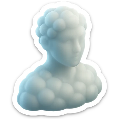 person looking straight, shoulders up, fully composed of white fluffy convex clouds, matte glass style, clouds voluminous and soft sticker