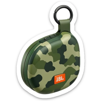 Extremely minimalist JBL Clip 4, basic geometric shape with just 2-3 green camouflage spots, iOS emoji style sticker