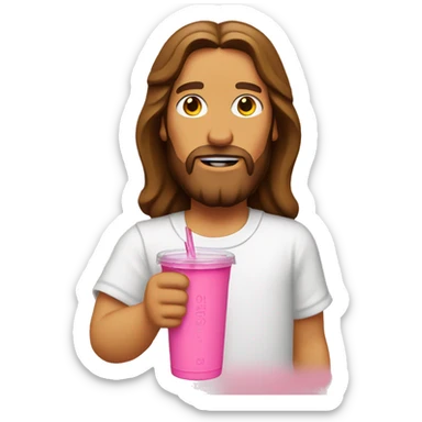 Jesus drinking a pink Stanley tumbler with a lid and a straw sticker