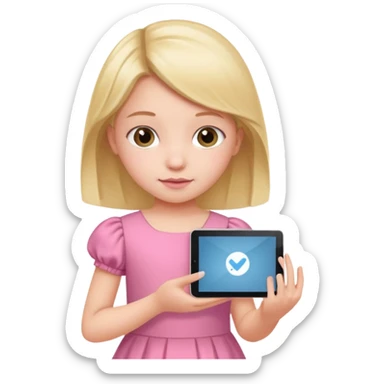 kid girl hold a tablet, pink dress sticker